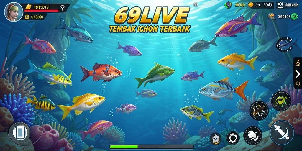 Screenshot utama 69LIVE menampilkan aksi seru menembak ikan.