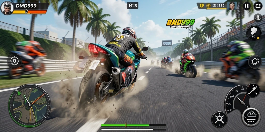 Tampilan gameplay menarik dari DMD999 dengan aksi balapan motor yang seru.