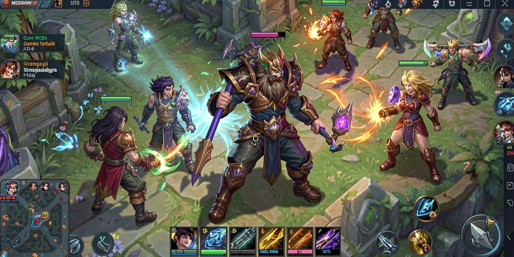 Screenshot gameplay MEGAWIN188 dengan aksi seru dalam pertempuran MOBA.