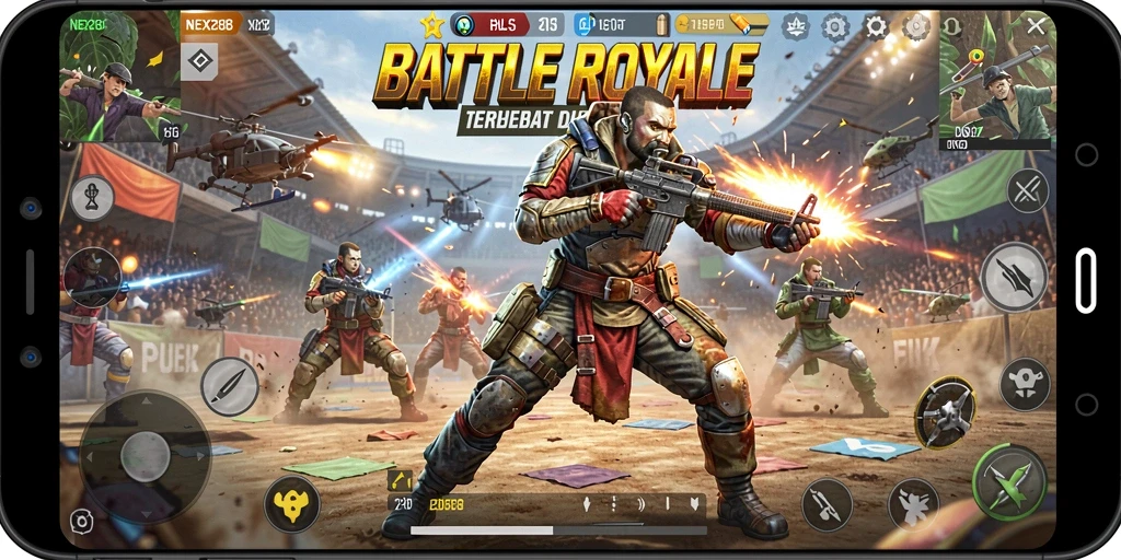 Tangkapan layar gameplay NEX288 menampilkan pertempuran seru di arena Battle Royale.
