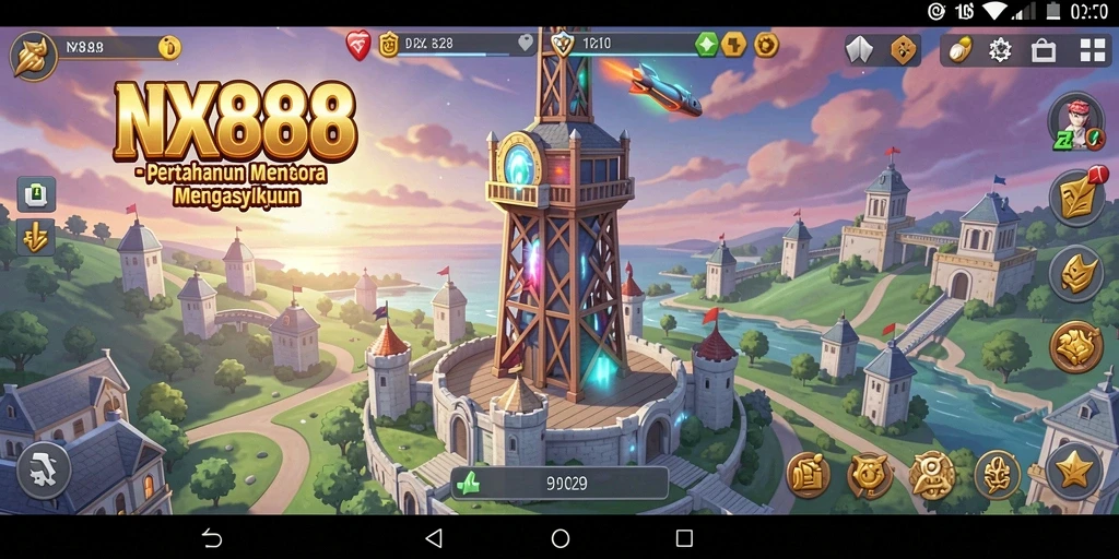Tampilan gameplay menakjubkan dalam NX888 menunjukkan aksi Tower Defense yang seru.