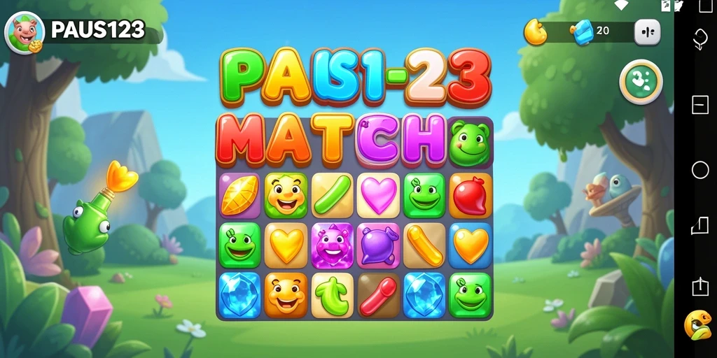 Tangkapan layar gameplay PAUS123 yang menampilkan momen seru permainan Match-3.