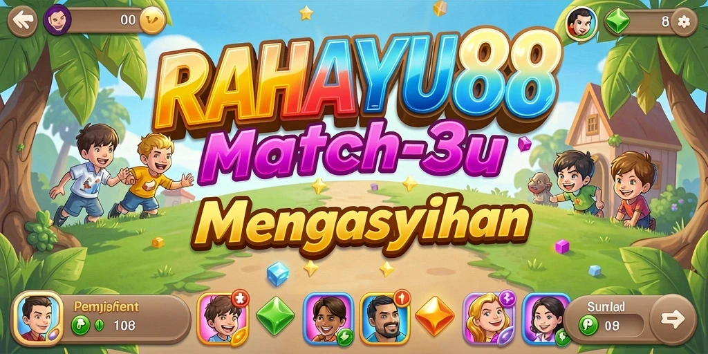 Screenshot gameplay RAHAYU88 dengan elemen match-3 yang berwarna-warni.
