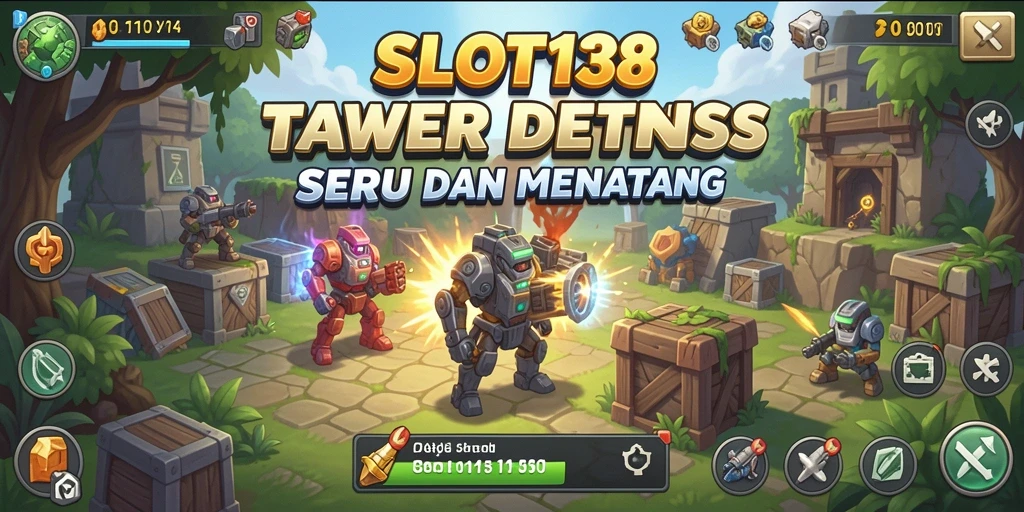 Tampilan gameplay seru pada <strong>SLOT138</strong> yang menampilkan tower dan musuh.
